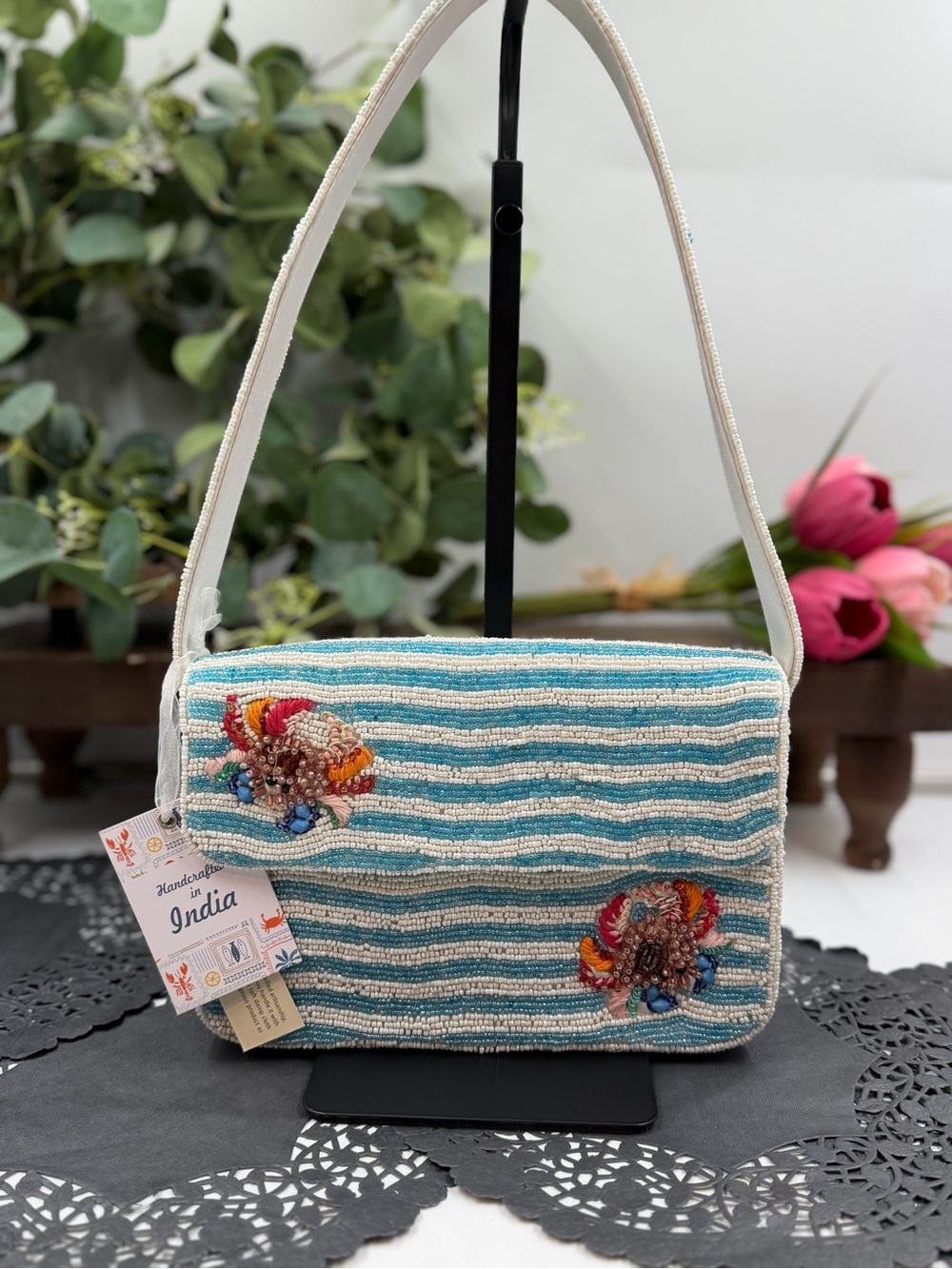 viral blue white striped crab beaded shoulder bag coastal summer